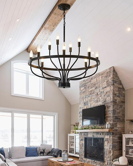 28 Inch Black Chandeliers for Dining Room 12 Light Black Dining Room Light Fixture, Large Industrial Farmhouse Chandelier Rustic Candle Chandeliers for Hallway, Entryway,Office,Bar
