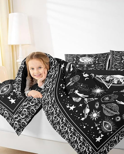 Sun and Moon Kids Comforter Set Twin Size,Starry Sky Galaxy Planets Trippy Bedding Set,Boys Girls Adults Room Decor,Paisley Boho Exotic Down Comforter,Black White Chic Duvet Insert,1 Pillowcase
