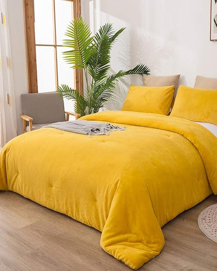 Luxlovery Mustard Velvet Comforter Set King Dark Yellow Fluffy Bedding Comforter Set Women Men Solid Heavyweight Winter Thick Warm Plush Flannel Comforter Set for Adults Teens…