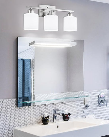 4 Light Bathroom Light Fixtures, Brushed Nickel Vanity Lights for Bathroom with Milky White Frosted Glass Shade, Wall Lights for Mirror Bedroom Living Room E26 Base