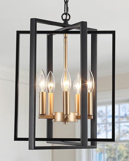 Black and Gold Modern Farmhouse Chandeliers for Dining Room, 5-Light Pendant Light Fixture Adjustable Industrical Entryway Light Fixture Hanging Chandelier for Kitchen Island Entryway Hallway Foyer