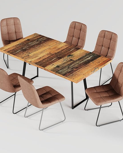 ZckyCine Extendable Dining Table Set 47"-63", Rustic Wood Table with 6 PU Leather Chairs, Modern Scandinavian Dining Room Furniture for Kitchen Apartment