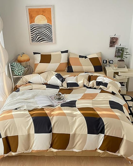 Luxlovery Beige Plaid Comforter Set Queen White Brown Plaid Bedding Comforter Checkered Geometric Blanket Quilts Soft Breathable Modern Abstract Comforter with 2 Pillowcases