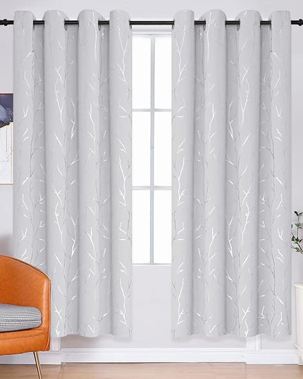BUHUA Cream Blackout Curtains, Tree Branch Silver Curtains for Bedroom, 72 Inch Length Thermal Insulated Curtains, Darkening Curtains, Dinning Room Curtains Set, 52W x 72L, Greyish White, 2 Panel