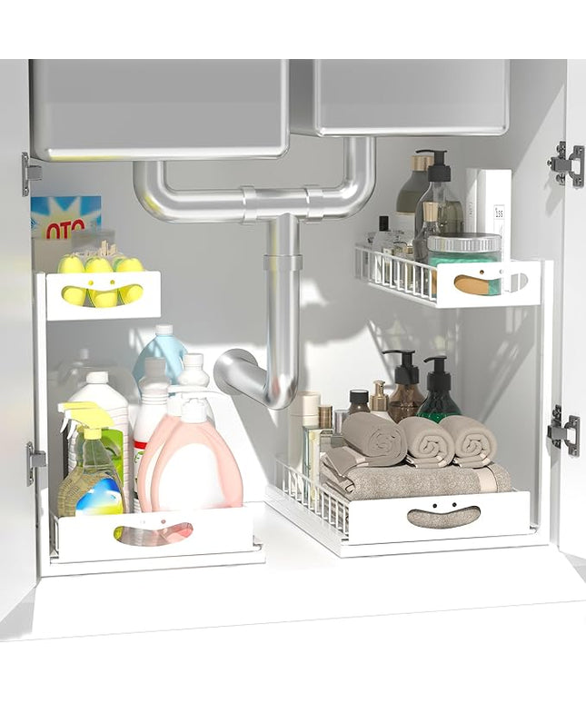 Under Sink Organizer with Pull-Out Drawers,Kitchen Sink Organizer,2 Tier Bathroom Organizers And Storage,Bathroom Accessories Set,White 2 Pack