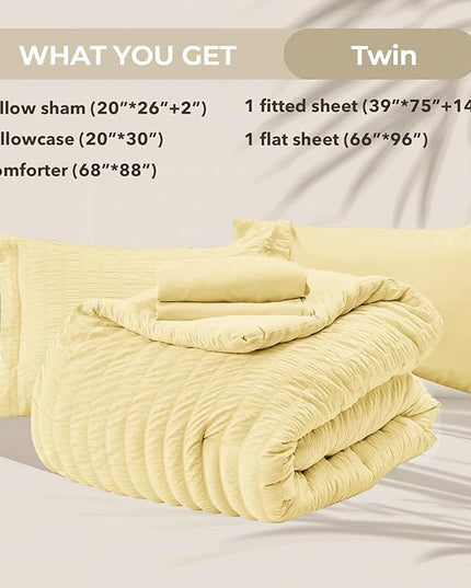 HYMOKEGE Yellow Twin Comforter Set Seersucker 5 Pieces, All Season Luxury Bed in a Bag for Bedroom, Bedding Set with Comforter, Sheets, Pillowcase & Sham