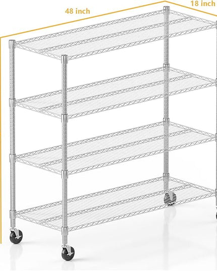 Himimi 72" H Storage Shelves 4 Tier Metal Shelving Adjustable Wire Shelf with Wheels, Heavy Duty Shelving for Garage Kitchen Pantry Bathroom Laundry,18" D*48" W*72" H, Silver