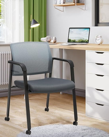 CLATINA Mesh Back Stacking Arm Chairs with Upholstered Fabric Seat and Ergonomic Lumbar Support for Office School Church Guest Reception (WithWheels Gray- 2 Pack)
