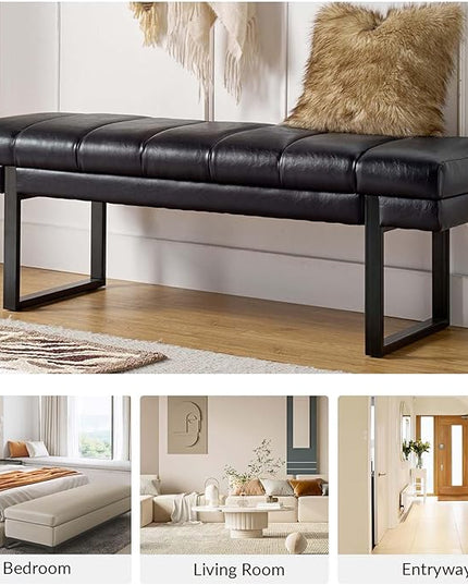 HULALA HOME 53" Faux Leather Entryway Bench, Button Tufted End of Bed Bench Ottoman for Bedroom, Living Room with Metal Base,Black