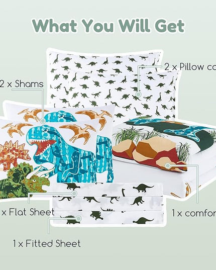 Full Size Comforter Set for Boys-7 Pieces Dinosaur Glow in The Dark Full Bedding Sets for Kids, Ultra Soft Bed in A Bag with Sheets