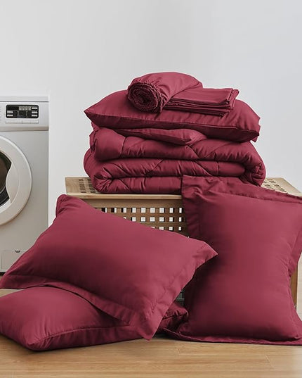 Love's cabin Queen Comforter Set Burgundy, 7 Pieces Queen Bed in a Bag, All Season Bedding Sets with 1 Comforter, 1 Flat Sheet, 1 Fitted Sheet, 2 Pillowcase and 2 Pillow Sham