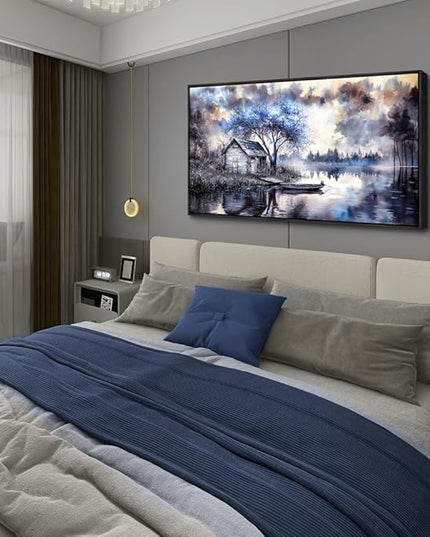 ERQINHUA Large Wall Art For Living Room Canvas Home Wall Decor For Office Bedroom Dining Room Wall Pictures Blue Tree Lakeside Landscape Painting Modern Art Print Beach Posters 24"x48" Black Frame