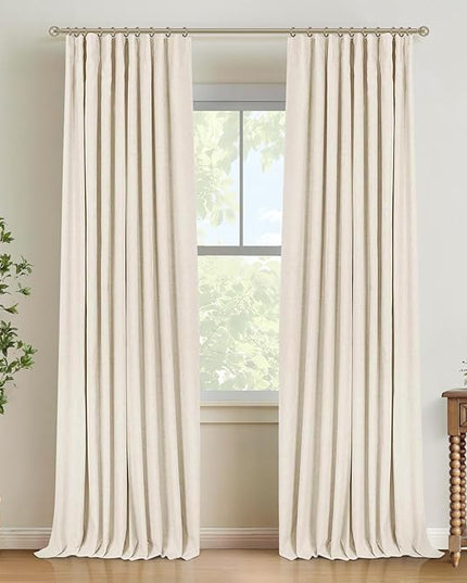 INOVADAY 100% Blackout Curtains for Bedroom, Black Out Curtains 96 Inch Long, Clip Rings Linen Blackout Drapes, Thermal Insulated Room Darkening for Living Room, 2 Panels - Cream,W50xL96