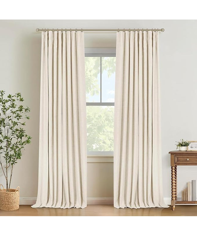 INOVADAY 100% Blackout Curtains for Bedroom, Black Out Curtains 102 Inch Long, Clip Rings Linen Blackout Drapes, Thermal Insulated Room Darkening for Living Room, 2 Panels - Cream,W50xL102