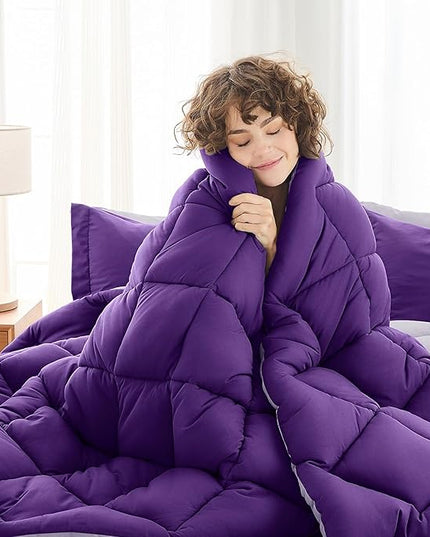 MUXHOMO 5 Pieces Twin Comforter Set, Reversible Bed in a Bag Twin Size, All Season Bedding Set with Comforter, Flat Sheet, Fitted Sheet, Pillowcases & Shams, Purple & Lavender