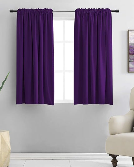 DONREN 54 Inch Length Royal Purple Blackout Curtains for Kitchen - Small Window Treatment Rod Pocket Curtain Drapes for Bedroom(Set of 2 Panels)
