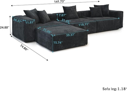 JACH Modern Corduroy Sectional Couch, Modular Sectional Sofa with Chaise Ottoman, Cushion Covers Removable, Oversized Deep Seat Soft Couches for Living Room, Office (Black)