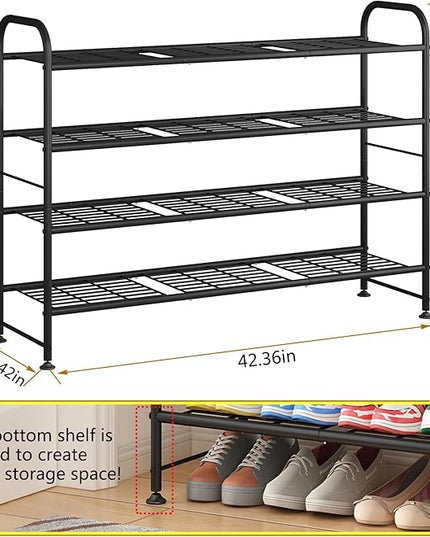 LINZINAR Shoe Rack Long 4 Tier Shoe Storage Organizer Metal Wide Shoe Shelf for Closet Entryway Bedroom 24 Paris Large Capacity, Gold Black