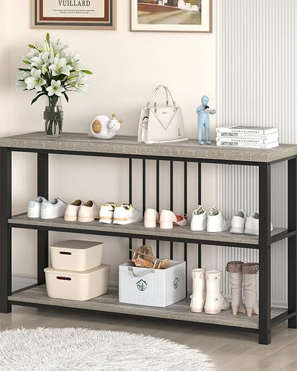 FOLUBAN Console Tables for Entryway, Sofa Table with 3 Tier Storage for Living Room Hallway Foyer Behind Couch, Rustic Light Grey