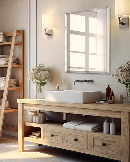 Mirrorons Beveled Mirror, Bathroom Mirrors for Wall 24" x 32", Frameless Rectangle Bathroom Mirror with Beveled Edge, Hangs Horizontally or Vertically, Upgraded Packing