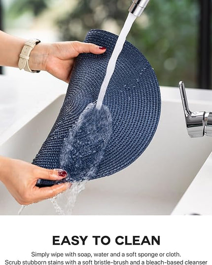 Round Placemats Set of 6 Plastic Woven Placemats Washable Wipeable Table Mats for Dining Table Heat Resistant Non-Slip Circle Place Mats (Navy Blue)