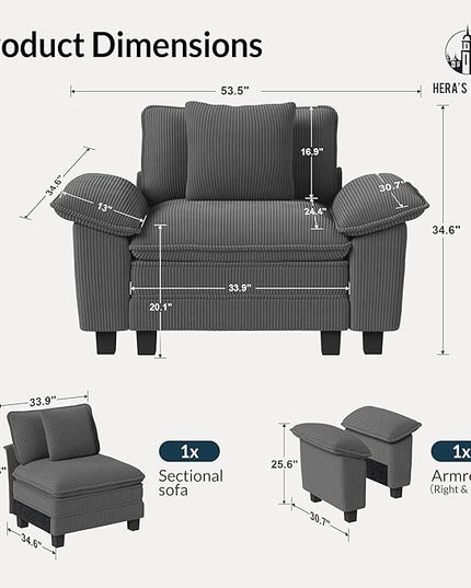 HERA'S HOUSE 54" Modular Sectional Sofa Couches for Living Room, Comfy Cloud Couch 1-Seater Deep Seat Sofa with Throw Pillow, Corduroy Grey