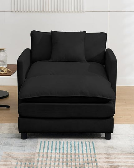 SZLIZCCC 56.3''D Oversized Chaise Lounge Chair Indoor, Comfy Chenille Upholstered Sofa Chair with Ottoman, Deep Seat Single Sofa Couch with 1 Pillow for Living Room(Black, 56.3"- Single Seat)