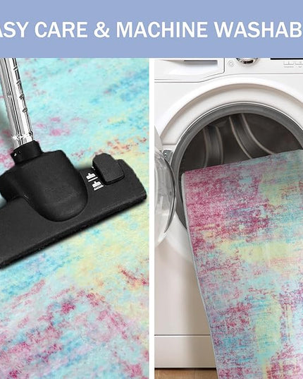 IOHOUZE Abstract Area Rugs 8x10 Ft Washable Large Rugs for Living Room, Non Slip Dining Room Rug, Printed Faux Wool Rugs for Bedroom, Floor Carpet for Office Nursery Playroom, Pink Teal