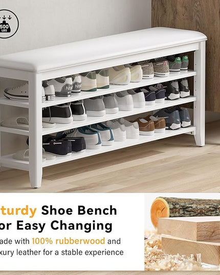 Shoe Bench Storage Rubberwood with Leather Cushion for Entryway Bench Ideal for Hallways Shoe Rack Front Doors Entrances Mudrooms Featuring 3 Height-Adjustable and Removable Shelves