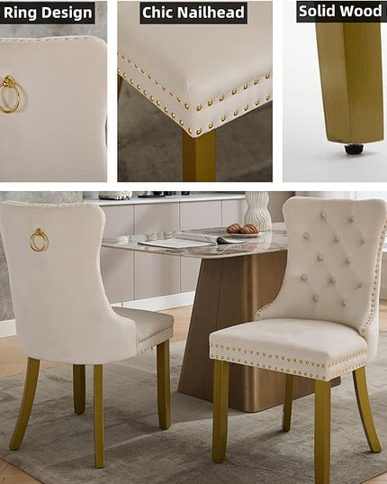 Modern 5-Piece Glass Dining Table Set for 4, Modern 60" Rectangle Gold Glass Dining Room Table Set with Milk White Velvet Tufted Chairs Wood Legs for Kitchen Dining Room