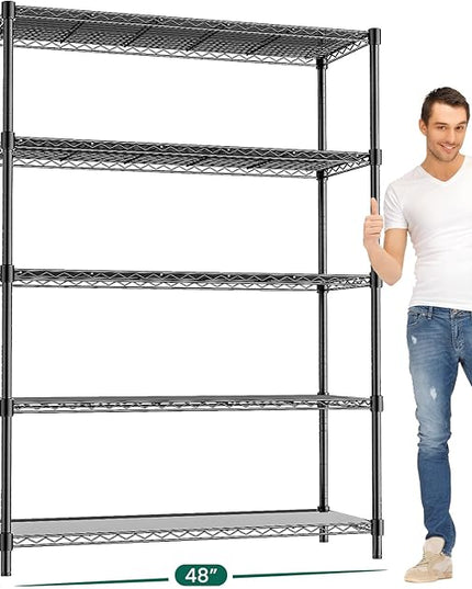 48" W Storage Shelves 5-Tier Wire Shelving, 1875LBS Adjustable Metal Shelving with 5 Shelf Liners, Heavy Duty Steel Wire Rack for Garage Commercial Pantry Kitchen, 48" W x 18" D x 72" H, Black