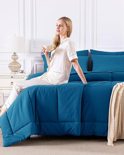 CozyLux Queen Comforter Set Teal, 7 Pieces Bed in a Bag, Teal Comforter Queen Size, All Season Bedding Sets with Stitch Quilted Comforter, Flat Sheet, Fitted Sheet, Pillowcases