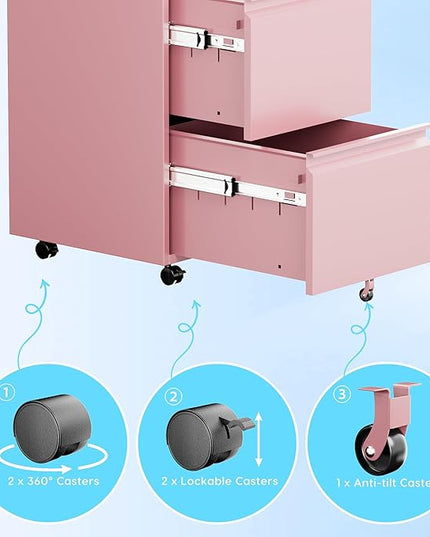 METAN 2 Drawer File Cabinet with Lock, Mobile Under Desk Filing Cabinet for Office Legal/Letter Size, Fully Assembled Except Wheels,Pink