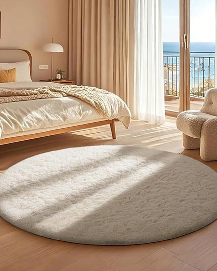 Ophanie Round Rug 4Ft Ivory Circle Area Rugs, Fluffy Fuzzy Small Bedroom Carpet 4 foot, Plush Shag Floor Cream Living Room Christmas Circular Aesthetic Decor for Kids Teen Boys Baby, Nursery,Classroom