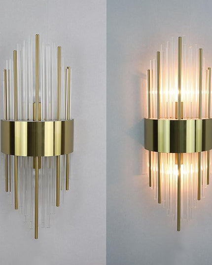 Modern Gold Wall Sconces Set of Two Crystal Sconces Wall Lighting 2-Light Brass Glass Wall Light Fixtures for Bedroom Living Room Bathroom Vanity Mirror Light Fixtures