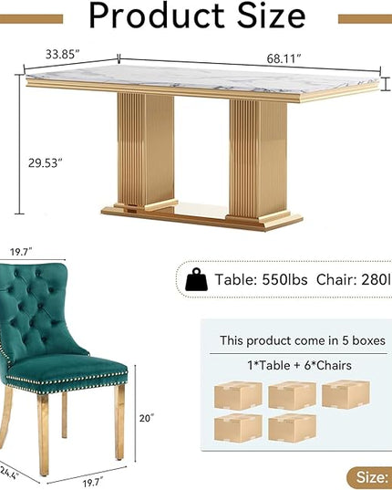 HomVent 68.11'' Faux Marble Dining Table Set for 6, Modern Rectangle Kitchen Table Set with Faux Marble Table Top & Stainless Steel Base