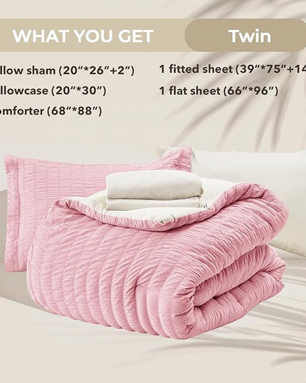 HYMOKEGE Pink/Ivory Twin Comforter Set Seersucker 5 Pieces, All Season Luxury Bed in a Bag for Bedroom, Bedding Set with Comforter, Sheets, Pillowcase & Sham