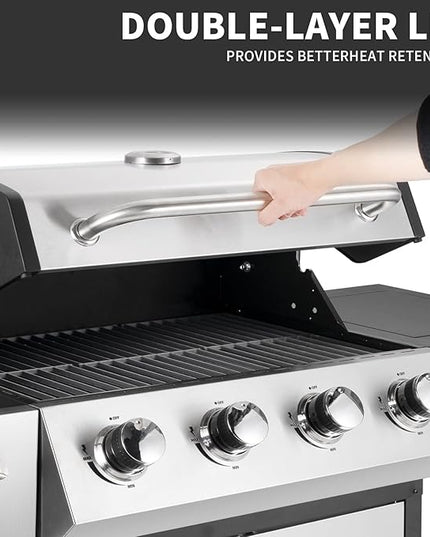 4-Burner Propane Gas BBQ Grill with Side Burner, Barbecue Gas Grill with Enameled Cast Iron Grates for Outdoor Patio Garden Barbecue, 53,000 BTU, Stainless Steel Grill Cover included