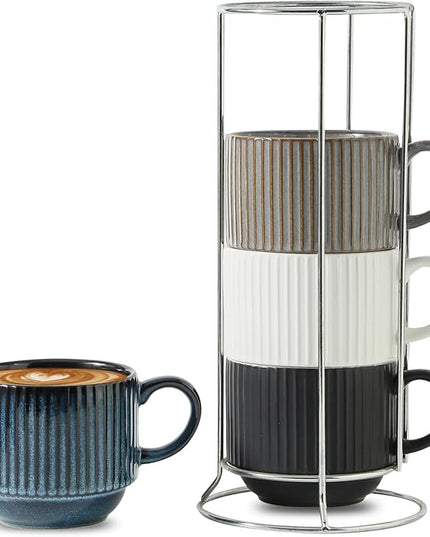 HASENSE Coffee Cups Set of 4 with Stand, 15 OZ Stackable Coffee Mugs with Handle for Tea, Cocoa, Cappuccino, Latte and Americano, Porcelain Vertical Stripe Coffee Cups for Men and Women, Colorful