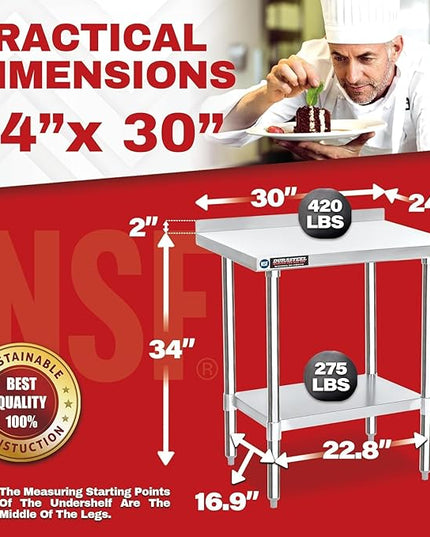 DuraSteel NSF Stainless Steel Table - 24 x 30 Inch Metal Work Table w/Undershelf - Commercial Kitchen, Restaurant, Garage, Laundry - Outdoor Stainless Steel Prep Tables Countertop Island Grill Small