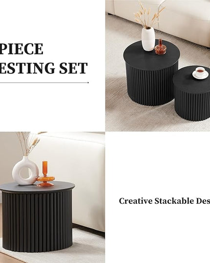 Small Fluted Round Nesting Coffee Table Set of 2, Mid Century Modern Coffee Table Circle Side Table, Wood Nesting Table Farmhouse End Tables Set for Living Room, Bedroom, Small Spaces(Black