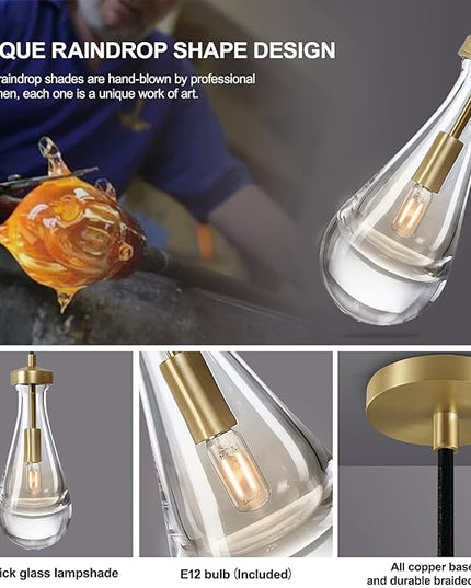 Raindrop Pendant Lights, Pendant Lights Kitchen Island, Brass Base Hanging Light Dining Room Light Fixture, Handblown Clear Kitchen Chandelier, Rope Pendant Lights for Living Room Hallway,E12 Bulb