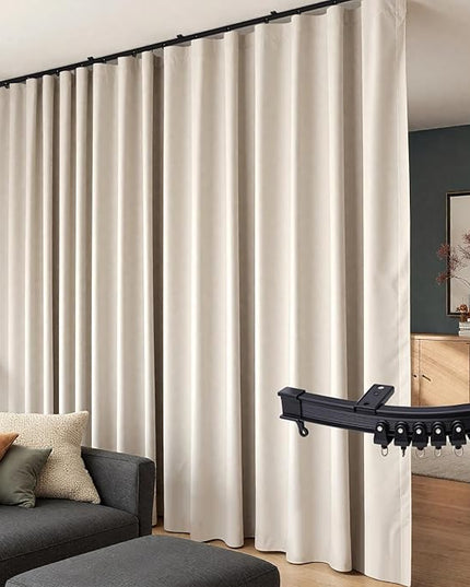 Room Divider Curtains Flexible Ceiling Tracks Set Curtain Track Ceiling Mount Blackout Curtain for Living Room Bedroom Ceiling Curtain Rod Privacy Dividers Panels W120 x H120 Beige Drape & Black Rail