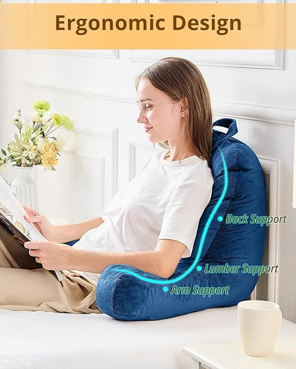 Sasttie Reading Pillow, Velvet Back Pillow for Bed Sitting Up, Adult Back-Rest Support Cushion with Arms for Sit Up on Couch, Sofa, and Floor, Dorm Essentials, Reading Accessories, Navy