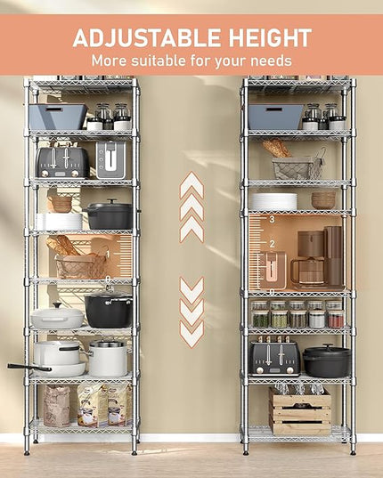 8 Tier 2000 lbs Storage Rack Metal Wire Shelving Unit, Storage Standing Shelf Organizer for Laundry Bathroom Kitchen Pantry Closet Garage Utility Room, Chrome 13.8" D x 23.6" W x 79.5" H