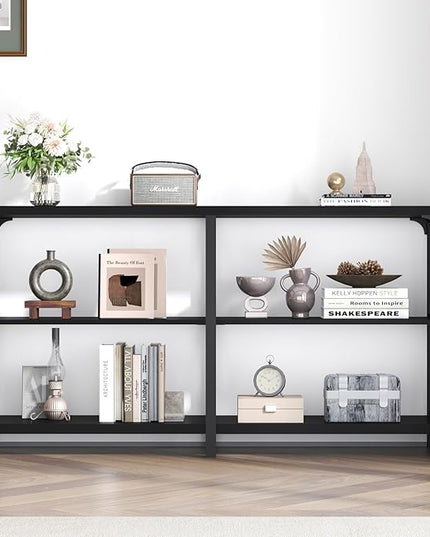 LVB Black Console Table, Modern Entryway Table with 3 Tier Storage Shelves, Industrial Sofa Table Behind Couch for Living Room, Farmhouse Wood Metal Entry Table for Hallway Foyer, Black Oak, 55 Inch
