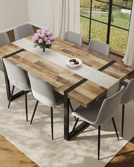 FURNITO Wood Dining Table Set for 8, 71" Large Rectangular Kitchen & Dining Room Table with 8 Fabric Linen Chairs, Modern Farmhouse Dining Set for Home, Living Room, Office, or Conference Room