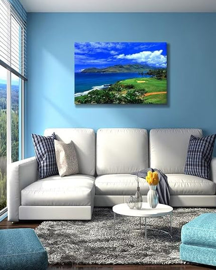 chenchenArt Lagoons Golf Course Wall Art for Living Room Bedroom Bathroom Home Decoration Hawaii Ocean Golf Course Picture Poster Canvas Prints Modern Artwork Framed Ready to Hang(28''H x 44''W)