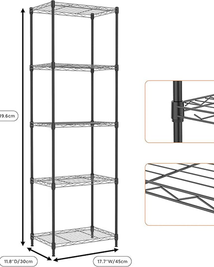 5 Tiers Shelf Metal Storage Shelves Wire Rack Closet Organizers with Wheel for Garage Kitchen Bathroom Laundry Black 11.8" D x 17.7" W x 55" H