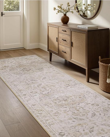 PADOOR-Vintage Runner Rug 2X10 Runners for Hallways-Soft Beige Washable Bedside Rugs for Bedroom-Non Slip Long Rug for Hallways Entryway Laundry Room Stair Kitchen Bathroom